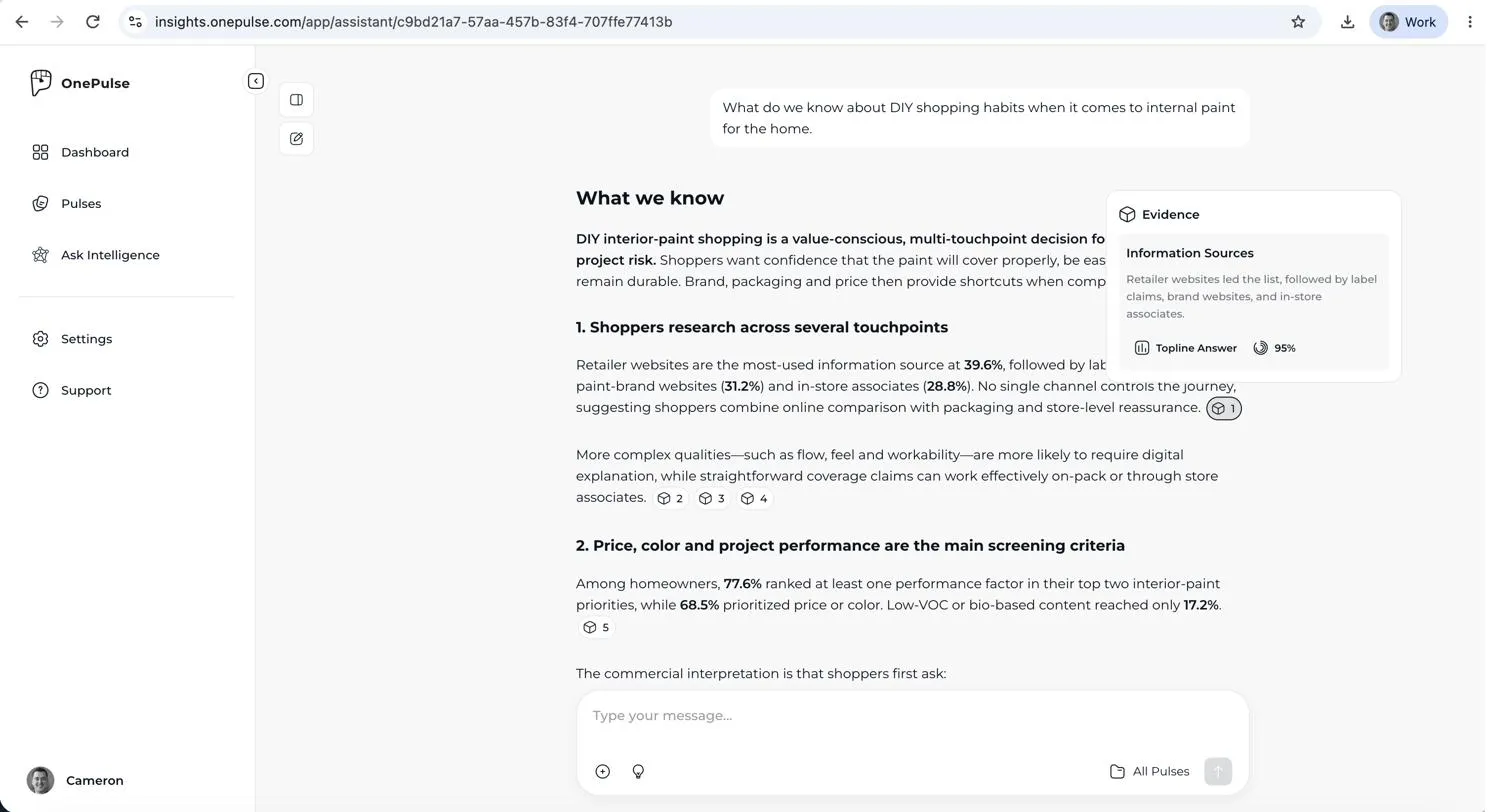 Ask Intelligence answering a question about DIY paint shopping, with the evidence behind each finding