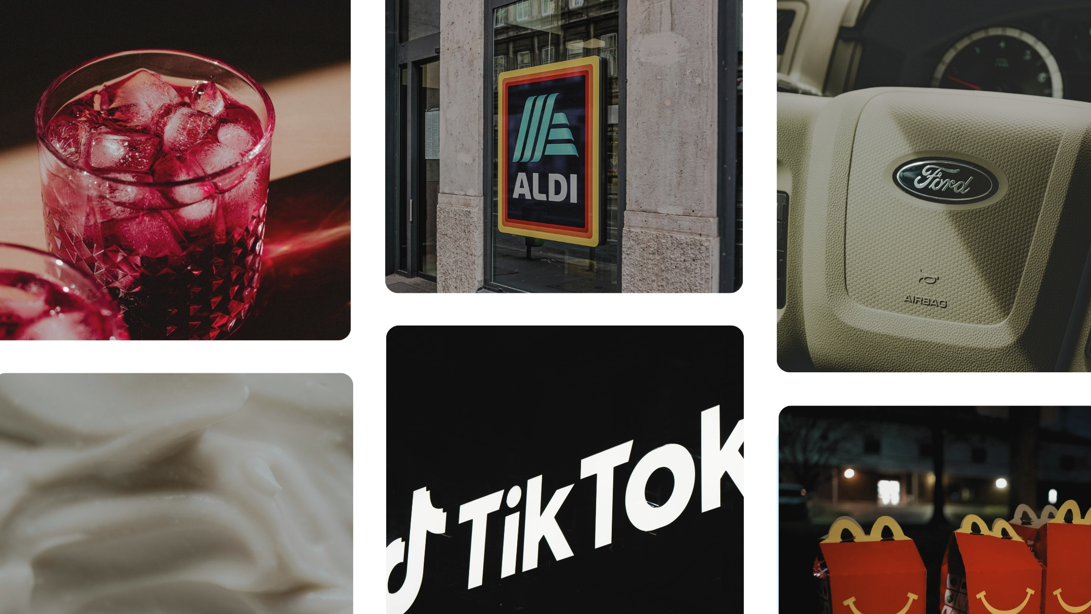 Collage of various brand-related images including a glass of red drink, ALDI storefront, Ford steering wheel, creamy white texture, TikTok logo, and McDonald's Happy Meal boxes
